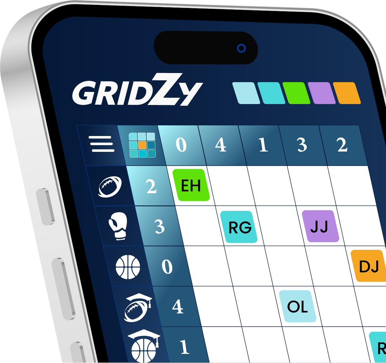 A Gridzy board open on a phone: score digits across the top of the grid, with players' initials marking the squares they have claimed.